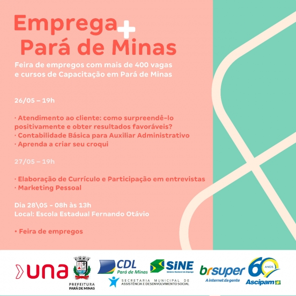 Emprega + Pará de Minas ofertará mais de 400 vagas de trabalho e cursos de capacitação
